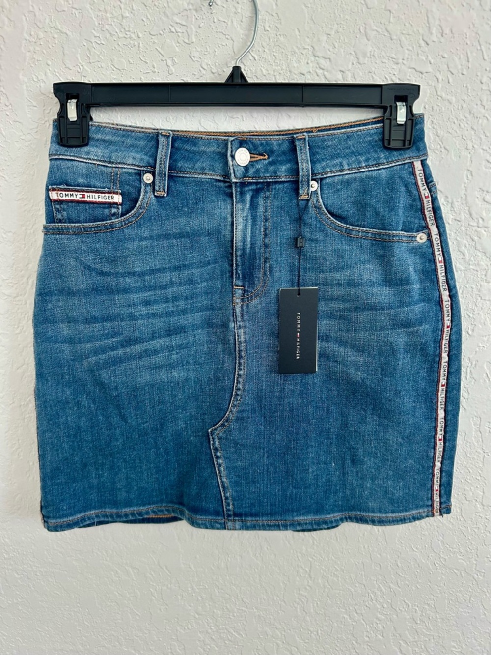 Tommy Hilfiger Blue Denim Mini Skirt with Red Trim